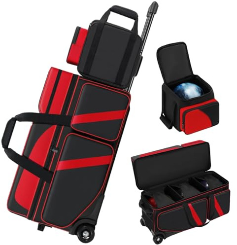 Cxinesbag Bowlingtasche mit 4 Bällen und Rollen, 3 Ball-Bowlingrollen + 1 farblich passende Tragetasche, Bowlingtasche 3 + 1 Ball mit separatem Schuhfach und Zubehörtasche, ausziehbarer Griff