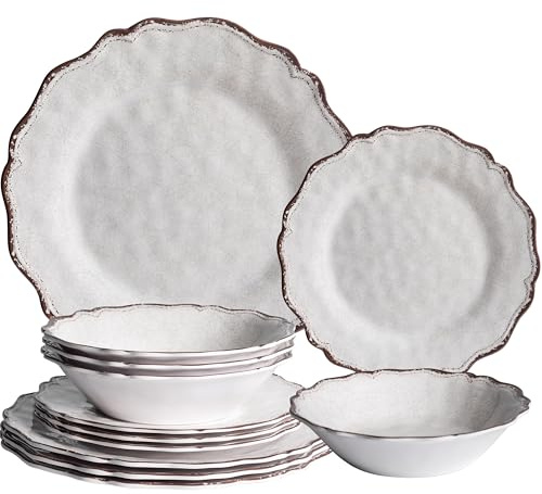 LEHAHA Farmhouse White Melamine Dinnerware Sets, 12 Piece Plates and Bowls Set, Perfect Weight and Unbreakable Camping Dishes Dinnerware Sets, Service for 4, Indoor and Outdoor Use, Dishwasher Safe