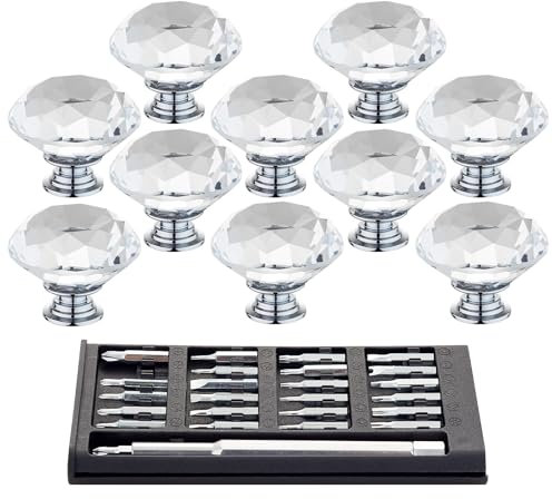 Marveleese 10pcs 40mm Crystal Glass Door Drawer Knobs Diamond Cut Drawer Handles with 1 Sizes Screws for Cupboard Cabinet Wardrobe Home Decorating, Transparent Silver Base (White)