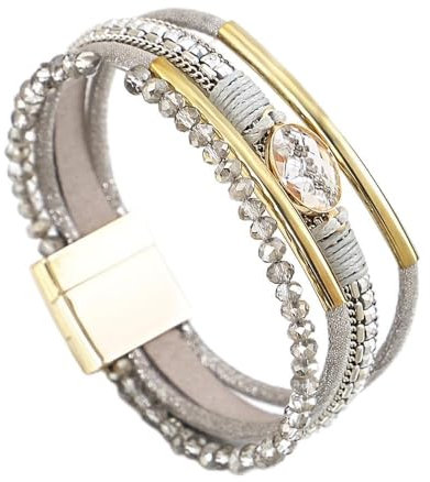 LSZBYHOK Armband Herren Perlen, Handgefertigtes Mehrlagiges Boho- Armband, Modische Wickelarmbänder Aus Leder Mit Perlen Und Kristallanhängern, Für Damen Und Herren, Grau