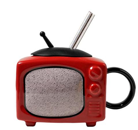Tazza in ceramica, boccale da birra, tazze da bere, tazza con coperchio e cannuccia, capacità 450 ml, design retrò TV, materiale robusto, migliora l'estetica, facile da usare, adatto alla famiglia,