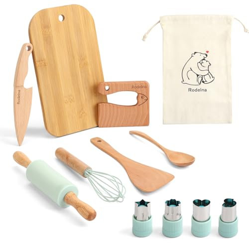 Kindermesser, 12 teiliges Sicherheit Kindermesser, Küchenset Kinder Schneideset für echtes Kochvorgänge, Montessori Messer aus Holz Kindermesser-Set, Kleinkinder Kochset von 2-10 Jahren (Sage Grün)
