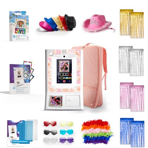 HP Sprocket Photo Booth Machine Instant Color Photo Printer (White) + Zink Paper (100 Sheets) + Fedoras (6)+ Glasses (6)+ Boas (6)+ Pink Hat (1) & more