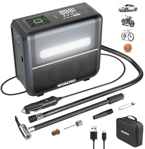 WORKPRO Kabellose Elektrische Luftpumpe 3-in-1 mit LED-Licht, Powerbank 12V | Akku Kompressor mit Display & Abschaltautomatik, für Auto, Fahrrad, Motorrad, Bälle – USB & 12V Ladeoption