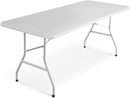 KEPLIN 6ft Folding Table with Rattan Patterned Top, 180x70x74cm – Sturdy Metal Frame, Waterproof, Portable & Easy Assembly – Ideal for Parties, BBQs, Camping (White Rattan)