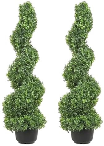 Artificial Boxwood Spiral Topiary Trees, 4ft Tall Faux Plant, Outdoor, All-Year Green Fake Plant With Replaceable Leaves
