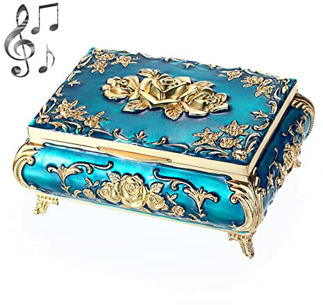 OLegei Boîte à musique vintage - Boîte à bijoux musicale en métal Boîte à souvenirs pour bague Bracelet Boucles doreilles Cadeau pour femme (bleu+or)