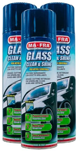 Pulitore Sgrassante Spray Glass CLEAN & SHINE Per Vetri e Cristalli Auto, Con Effetto Brillante. Potente e Veloce, Niente Aloni, Senza Ammoniaca 500ml (3 Spray)