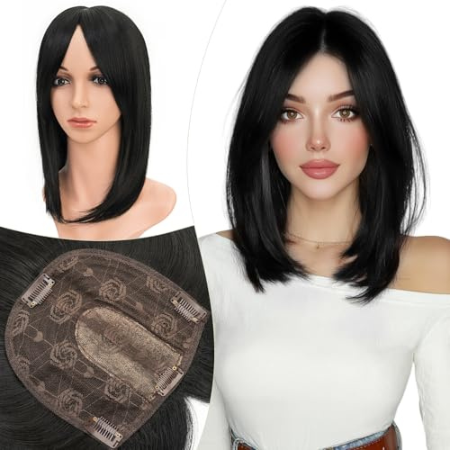 Elailite Hair Topper Donna Clip in con Frangia per Capelli Nero Scuro, Posticci con Clips Middle Parting Toupet Toupee Protesi 35cm 120g (Base 15cm*15cm)