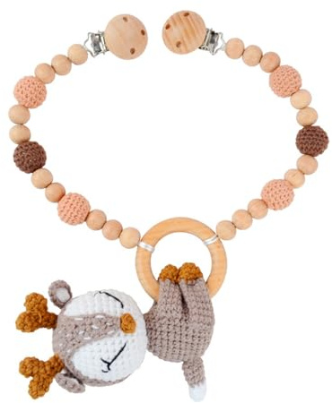 Ueiwffzo Kinderwagen Kette für Babys, Gehäkelt Cartoon Tier Anhänger Baby Mobile, Babyspielzeug Zum Flexiblen Aufhängen Kinderwagenkette aus Holz, Babyspielzeug Kinderwagen Für Baby (Elche)