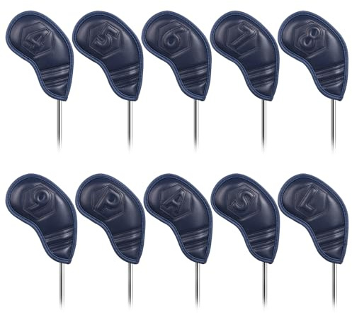 Lot de 10 housses magnétiques pour tête de club de golf en cuir synthétique Bleu foncé 4-9, P, A, S, L