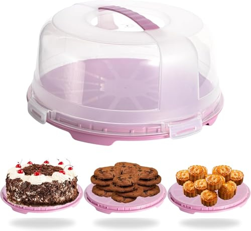 Buzztrove - Large Size | Cake Carrier with Handle | 15cm Tall Cake Storage Container with Airtight lid | Cake Storage Box with 4X Locking Lid for Cakes, Cupcakes, Pies & Pastries. (Pink)