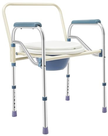 Sedia WC pieghevole per anziani, sedia a rotelle portatile, regolabile in altezza 65-75 cm, portata 150 kg, con braccioli e secchio WC