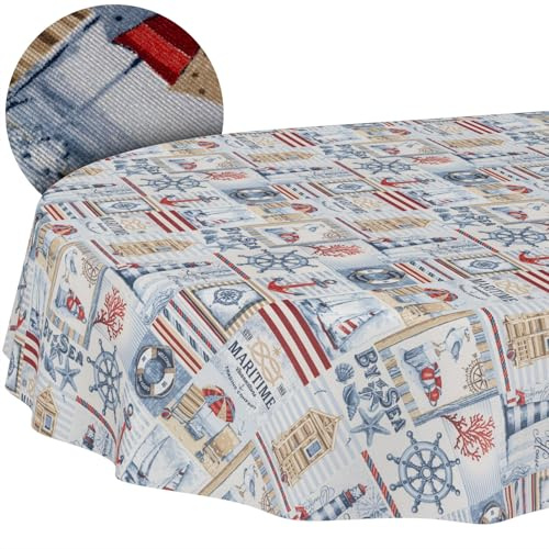 ANRO Tischdecke abwaschbar Maritim oval 200x140 cm Gartentischdecke | Tischwäsche aus beschichtetem Stoff – schmutz- & wasserabweisend, pflegeleicht – waschbar bei 30 °C