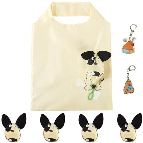 ZenyTra 4 Stück Hunde Einkaufstasche Faltbar mit 2 Capybara Schlüsselanhänger, Niedliche Cartoon Hund Einkaufsbeutel Wiederverwendbar, Tragbare Tote Bag für Lebensmittel, Reise & Aufbewahrung