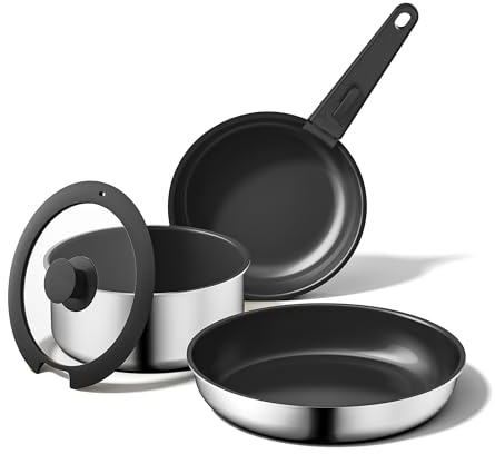 naturepan 5 PCS Ceramic Cookware Set, Stainless Steel Exterior Pots and Pans Set Non Stick, 10x More Durable Super Ceramic Coating, for Induction Hob Pan Set (Black)
