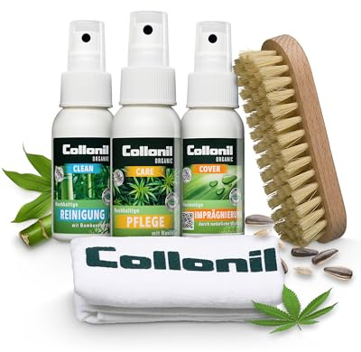 Collonil Organic Starter Kit Schuhpflege Set mit Bürste & Reinigungstuch | Organic Clean + Organic Care + Organic Cover Imprägnierspray - 3x50ml - Reisegröße – Made in Germany