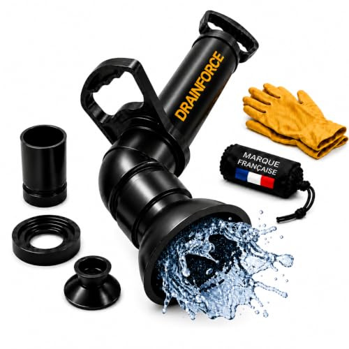 DRAINFORCE Déboucheur Canalisation Professionnel à Pompe Haute Pression – Ventouse Déboucheur pour WC, Évier et Douche – Sans Produits Chimiques – 3 Embouts, Gants et Sac de Rangement