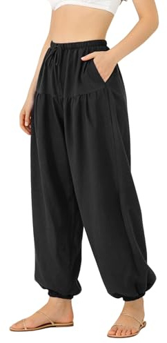 Neteson Pantalones Harem Mujer Verano Elástica Pantalones Ancho Yoga Playa | Pantalón Hippies Cintura Alta con Bolsillos para Pilates Fitness
