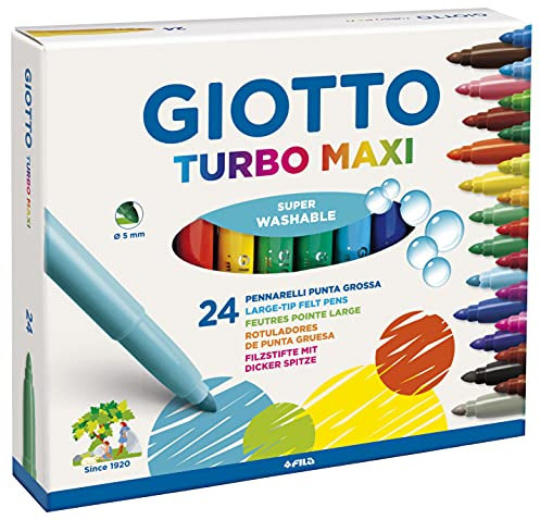 GIOTTO Turbo Maxi - Astuccio Da 24 Pennarelli A Punta Larga, 5 mm, Super Lavabili
