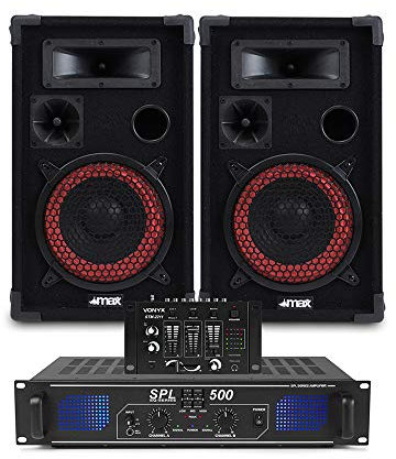 Max Red 8 Passive DJ Speakers Pair with SPL500 Amplifier, Mixer & Cable Bundle - Complete Professional PA System Set for Parties, Events, DJ Gigs & Live Music