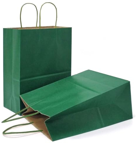 AZOWA Geschenktüten Klein-Kraftpapiertüten mit Henkel，Party Geschenk Papiertüten (15 x 21 x 8 cm, Dunkelgrün, 25 Stück)