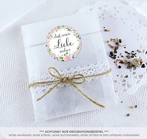 Blütensamen Tüten Set 24 Sticker LASST UNSERE LIEBE WACHSEN GRÜN ROSEN 4cm matt rund + 24 Flachbeutel weiß 130 x 95 + 16 mm Hochzeit Taufe Blüten Samen Gastgeschenke Tischdeko Geburtstag