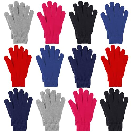 Cooraby 12 Pairs Winter Magic Gloves Stretchy Warm Knit Gloves with Mesh Storage Bag for Men or Women (Black,Medium Grey,Red,Sky Blue,Navy,Hot Pink, Medium)