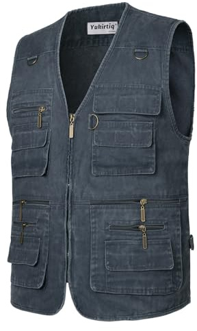 Yukirtiq Hombres Chaleco de Pesca Senderismo Chaleco Tipo Safari de Fotografía Viajes Bolsillos Chaquetas sin Mangas para Trabajo Chaleco de Caza, Azul, XXL