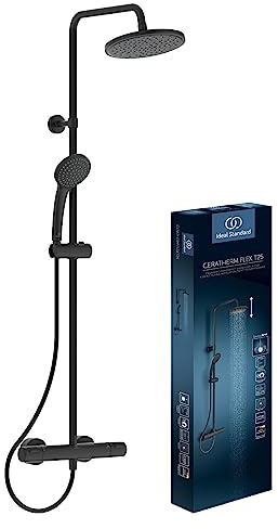 Ideal Standard Ceratherm T25 Duschsystem, Wassersparende Regenbrause mit 1-Funktionshandbrause und Verbrühschutz (CoolBody), Höhe anpassbar, Brauseschlauch 1750 mm – Schwarz Matt (315x489.5x1030 mm)