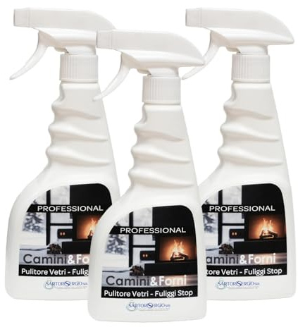 Stufa a Pellet, pulisce vetri di stufe e camini, caminetti e forni, rimuove annerimento e fuliggine dai vetri senza fatica, pulizia vetro camino - GLASS CLEAN (3x 500 ml)