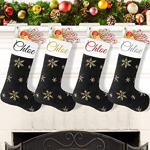 DecroXmas Personalisierte Weihnachtsstrümpfe mit Namen, Weihnachtsstrümpfe Custom Name 6 Pack Black Plüsch Gold Pailletten Schneeflocke Stickstrümpfe Bulk Candy Bag für Kamin