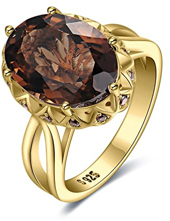 JewelryPalace Bague Ovale 5.7ct Cocktail Naturelle Quartz Fume en Argent Sterling 925, Bague Pierre Brun Femme Argent, Plaqué Or Jaune Ensemble de Bijoux, Cadeau d'Anniversaire, Bague Femme Argent