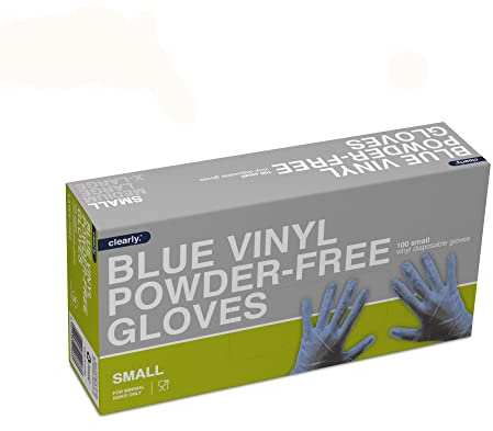 Clearly Blue Vinyl Powder-Free Latex-free Gloves, disposable gloves, Multi purpose & extra strong, Box of 100 Blue (Blue, Small)