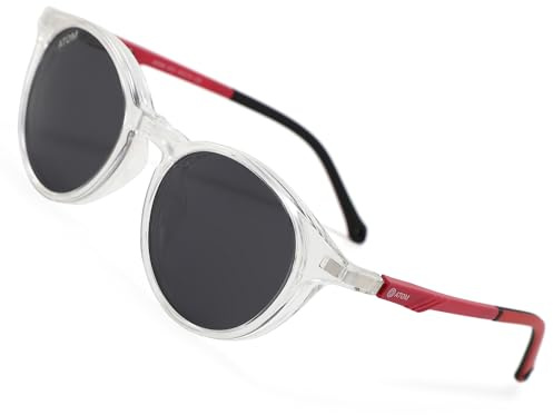 ATOM Occhiali 2 in 1 per bambini con blocco della luce blu, lenti polarizzate grigio trasparente con protezione UV al 100% con clip magnetica, Trasparente - Rosso + Nero, 48-14-125