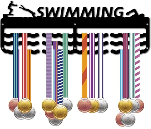 CREATCABIN Schwimmen Medaillenhalter Kleiderbügel 60+ Medaillenständer Schwarzes Metall Eisen Regal Kleiderbügel Organizer Rahmen 3Wellenlinien Wandmontage Zum Aufhängen Für Medaillengewinner 40x15cm