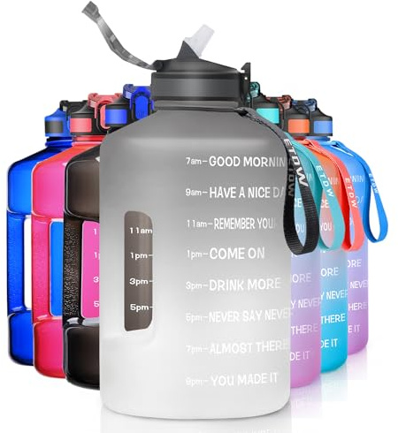 ETDW 3,78 Liter Trinkflasche Sport mit Zeitangaben und Strohhalme, 3,78L Groß Sportflasche BPA Frei, Auto Wasserbehälter Auslaufsicher Sportflasche