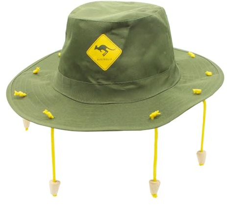 Australia Cork Hat - Pack of 3 - Green Hat with Kangaroo Badge and Hanging Corks - Australian Fancy Dress Costume Accessory Australia Day Accessory