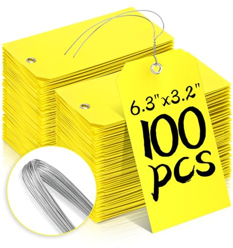 100 Pcs Waterproof Tags Writable Plastic Tags for Labeling Tag with Wire Tie Large Heavy Duty Tags Moving Tags Pipe Tags for Outdoors Car Garage Storage Box Equipment Parts (Yellow, 6 1/4 x 3 1/8)