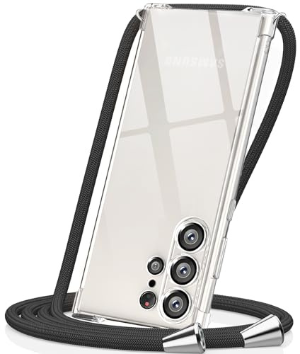 CAROKI Crossbody Case for Samsung Galaxy S24 Ultra, Clear Shockproof Protective Cover with Adjustable Lanyard Neck Strap & Shoulder Cord, Slim Silicone Phone Case for S24 Ultra, Black