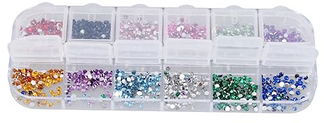 Gioielli per Nail Art 2,0 Mm, 12 Colori, Vetro, Rotondi | Taglio Brillante Flat Back, Scatola Trasparente Inclusa, Decorazioni per Unghie per Design e Dettagli