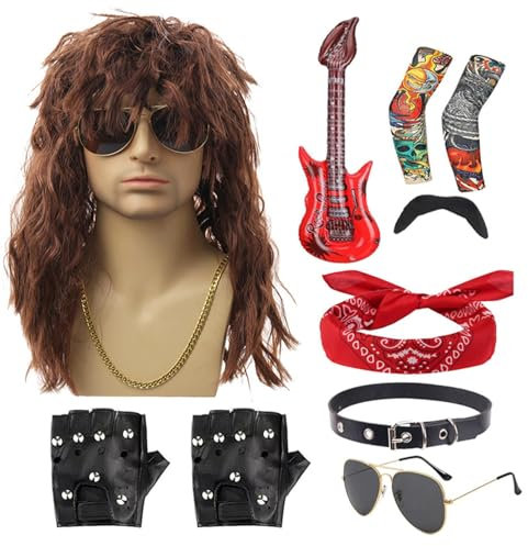 lyanny 10 80s Fancy Dress Set | 80s Punk Gothic Rock Costume Accessories for Men Women | Heavy Metal Accessories with Wig Headband Collar Sunglasses Gloves Sleeves Beard Guitar Props