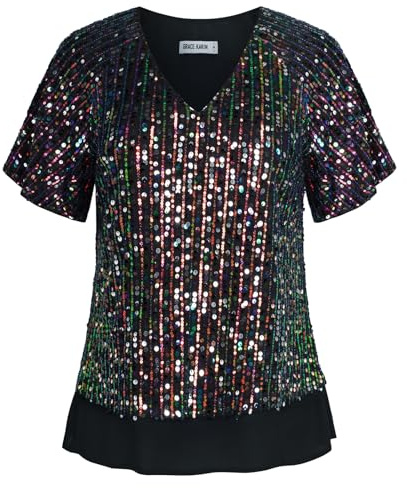 GRACE KARIN Femmes Top à Paillettes Manches Courtes Col V Soirée Fête Haut Brillant Élégant