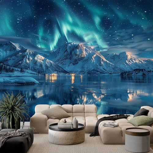 Fototapete Nordlicht Aurora Borealis Wanddeko, Schneebedeckte Berge und See Hochwertige Wanddekoration - Natur Landschaft Tapete Wandbild für Wohnzimmer Schlafzimmer Büro 300x210cm