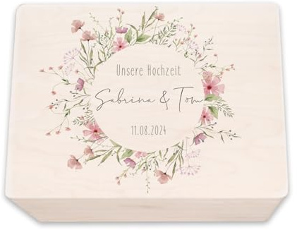 hellomini Personalisierte Erinnerungskiste aus Holz - Geschenk zur Hochzeit | Individuell mit Namen & Datum - Hochzeitsgeschenk/Hochzeitskiste (Blumenkreis, S: 30x20x14cm)