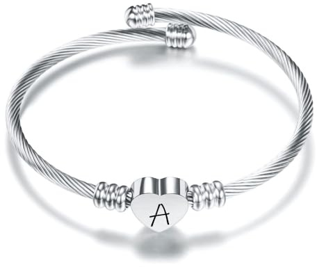 Argento Amore Cuore 26 Lettera Iniziale Alfabeto A-Z Polsino Bracciale Gioielli Regolabili Regalo Per Figlia Figlio Sorelle Amici Mamma Collega Amante Compleanno Natale (A)