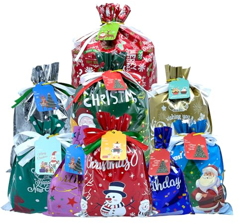 ANTOWIN 37 Stück Weihnachts-Geschenktüten mit Etiketten, verschiedene Größen, Weihnachtsfolien-Geschenkverpackungssäcke für Geschenke, Geburtstagsgeschenktüten, wiederverwendbare Geschenktüten