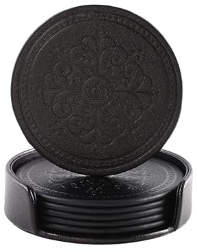 Lisrsc PU Leather Coasters Set of 6 with Holder - Black Round Drink Coasters for Coffee Table