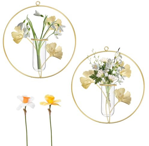 2Pack Wandmontierte Hydroponische Pflanzgefäße, Metallisch Hängende Vase Innen Pflanzenhalter mit Künstlichen Narzissen Glasbecher Vasen für Wohnkultur Geometrische Terrarien, Innen Außenmittelpunkte