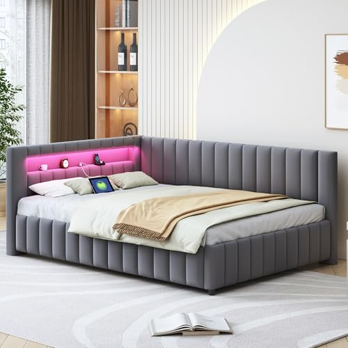 Kayan Polsterbett 140x200 mit LED und USB-Anschluss, Daybett Tagesbett Schlafsofa mit Lattenrost aus Holz, Sofabett Gästebett Jugendbett aus Samtstoff, Ohne Matratze (Dunkelgrau)